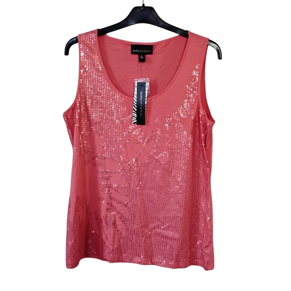 Dana Buchman Rich Coral Sequin Leaf Sleeveless Top Tank DM22105 Medium NWT